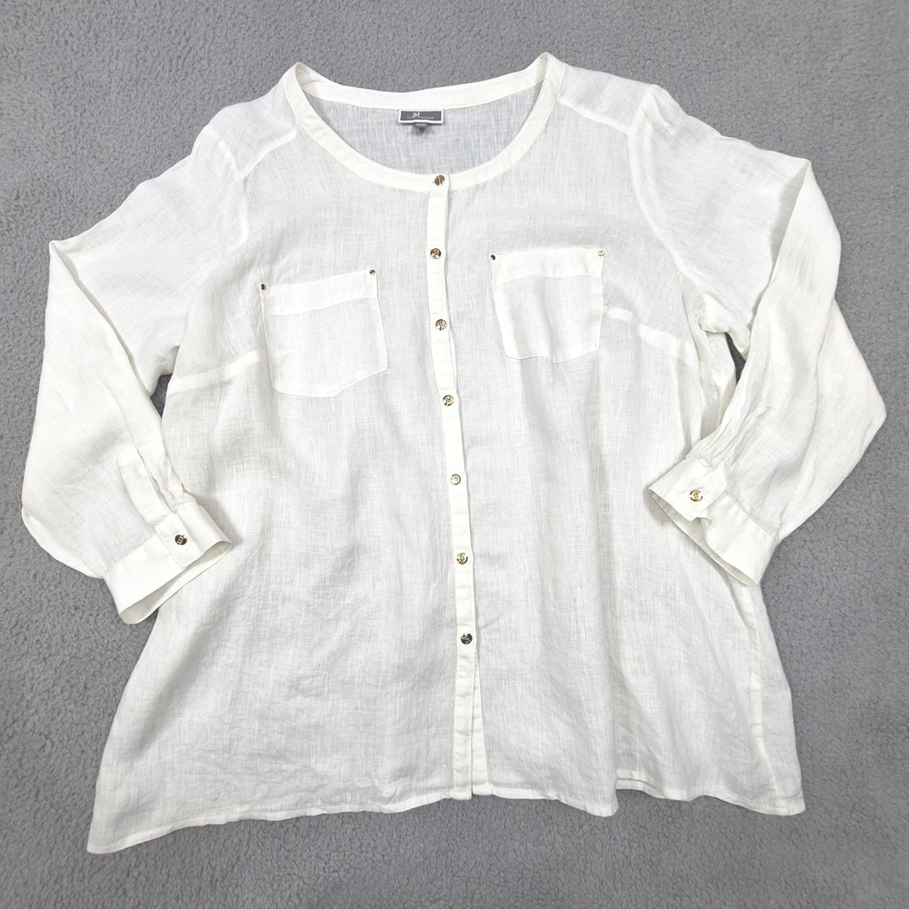 JM Collection Blouse Womens 20W White 100% Linen Button Down Long Sleeve Coastal